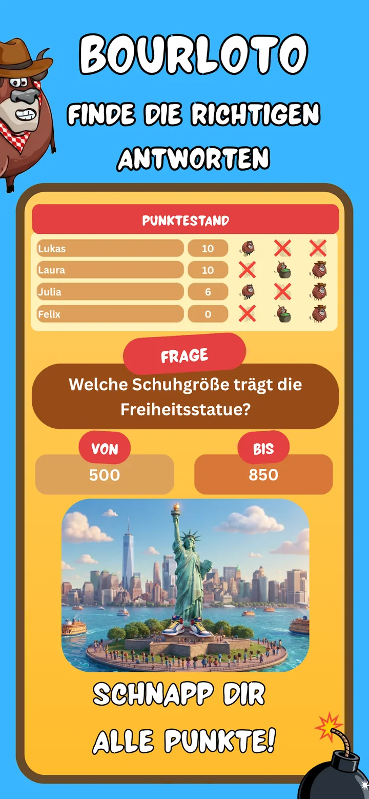 Punktestand und Frage aus dem Bourloto Zahlen-Quiz