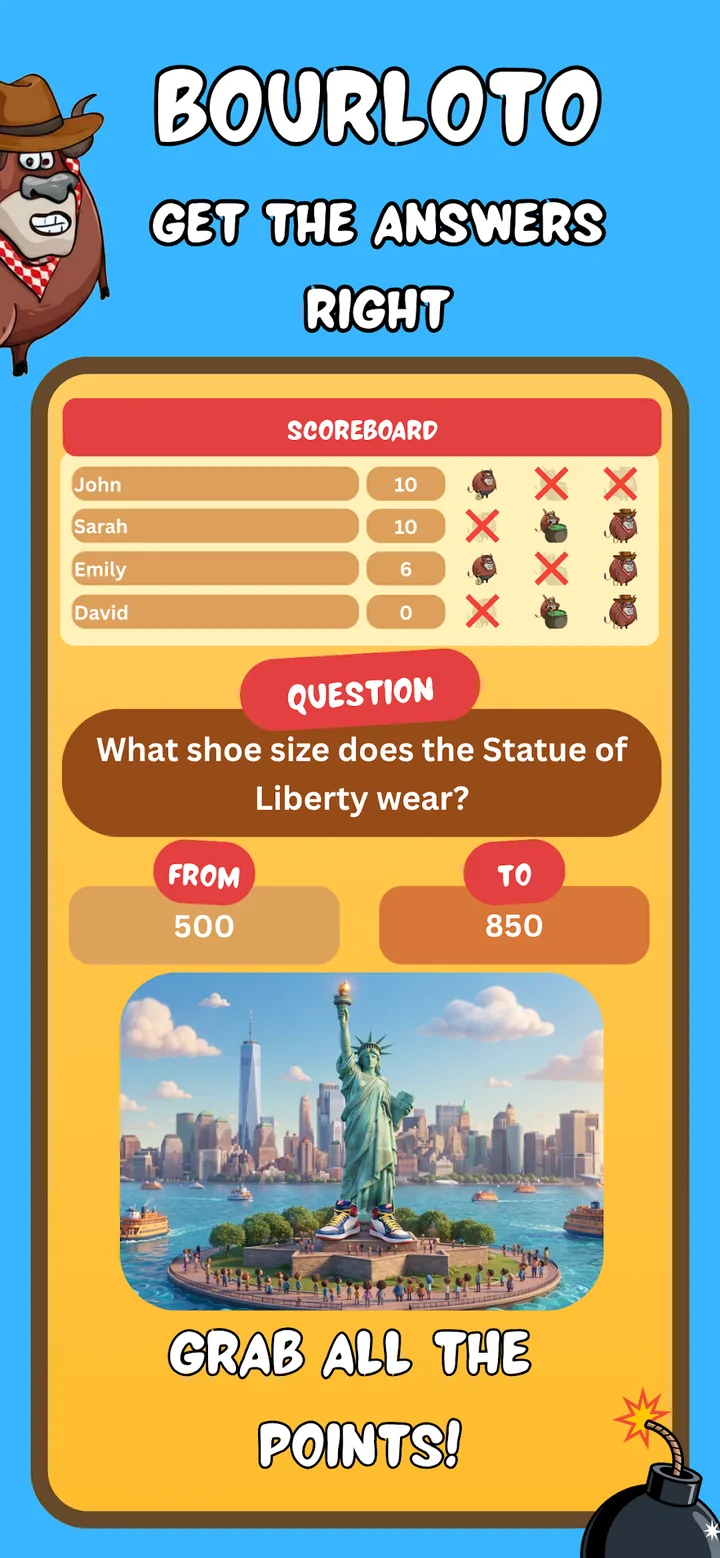 Bourloto number trivia scoreboard and question