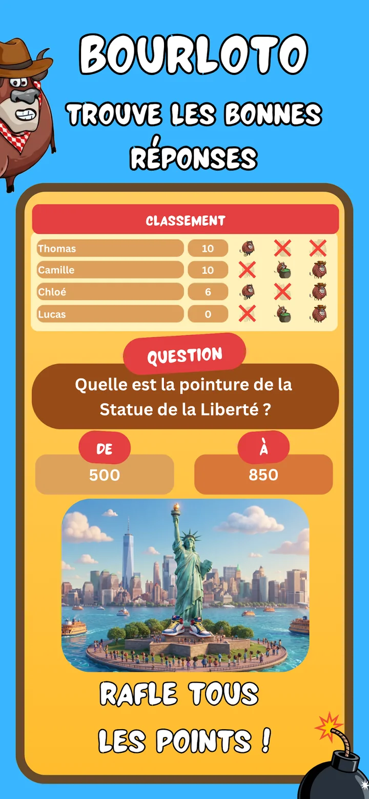 Tableau des scores et question de quiz de Bourloto